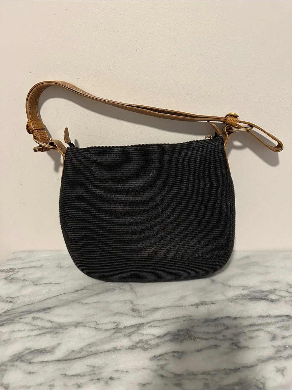 Erick Javits Black Shoulder Bag with adjustable Tan Strap